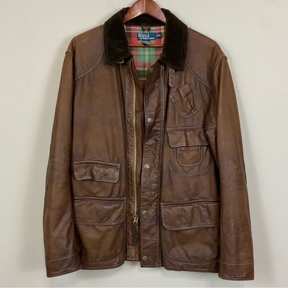 Polo Ralph Lauren Leather Jacket Coat Sz XL Brown Motorcycle Utility Biker